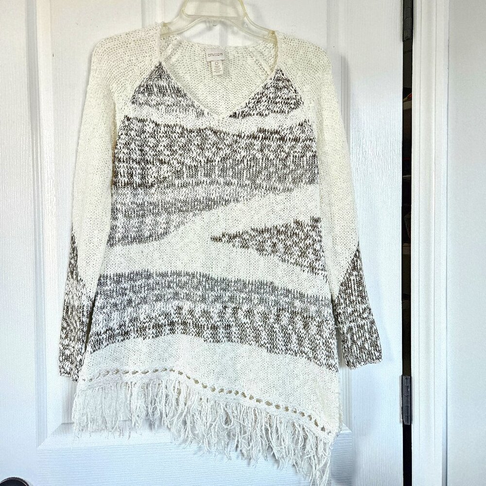 Chico's Boho Fringe Poncho Style Sweater Small Tunic V Neck Ivory Brown Knit